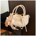 Mini cream woven bucket bag with a cute bear charm and a detachable shoulder strap - Rice White (with Pendant)