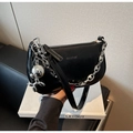 Detail of glossy black leather moon bag with silver chain and balloon dog charm - With Pendant / Black