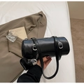 Black glossy cylinder shoulder bag in oil wax leather with a heart shaped charm - With Charm / Black