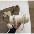 Cream white oil wax leather cylinder bag with heart charm and silver metal chain - With Charm / Off White