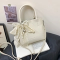 White lychee pattern leather bucket bag with elegant lace pearl bow and shoulder strap - White with Pendant