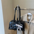 Glossy black PU bowling bag with double zippers, bow details and pearl charm - Black with Pendant