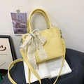 Yellow litchi pattern bucket bag with white lace bow and pearl chain pendant strap - Yellow with Pendant