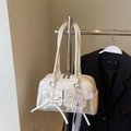 White faux leather bowling bag with lace ribbon and pearl charm on a hanger - Cream White With Pendant