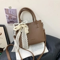 Brown litchi grain leather bucket bag with lace bow and pearl charm ornament - Coffee with Pendant