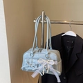 Chic light blue faux leather bowling bag for women with cute bow and pearl charm details - Blue with Charm