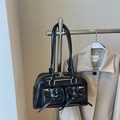 Glossy black bowling bag with bow-knot pockets and silver metallic zipper hardware - Black without Pendant