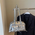 Silver metallic bowling shoulder bag with double bows and long straps for women - Silver No Pendant