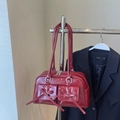 Red patent leather bowling bag with bow details and front pockets in variant view - Wine Red Without Pendant
