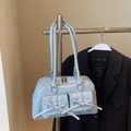Light blue patent leather shoulder bag with vintage bows and silver hardware details - Blue Without Charm