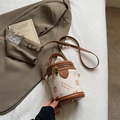 Vintage white and brown cylinder bucket bag with collegiate bear print and shoulder strap - Rice White (No Pendant)