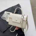 Elegant cream white square handbag with leather texture and matching circular buckle - No Pendant / Off White