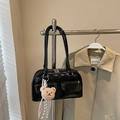 Glossy black shoulder bag with double pockets and a cute plush bear pendant accessory - With Charm / Black