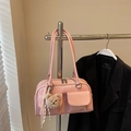 Pink patent leather pillow bag with dual front pockets and a cute plush bear charm - With Charm / Pink