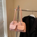 Rosa glänzende Kissentasche mit doppelten Vordertaschen und glatten Schultergurten - Ohne Anhänger / Rosa