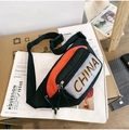 Detail of waterproof nylon crossbody bag with black orange grey color block and CHINA print - Black and Orange