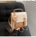 Retro cream and brown contrast leather backpack with a cute plush bear pendant accessory - With Charm / Off White
