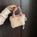 Rosa und beige geflochtene Strohhandtasche mit Ledergriffen und Spitzen-Schleifen-Detail - Rosa