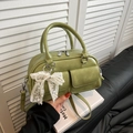 Grass green retro bowling bag with pearl lace bow charm and utility front pockets - Green with Pendant