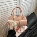 Pink Boston handbag in PU leather with dual pockets and lace pearl bow charm - Pink with Pendant
