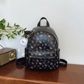 Black PU floral backpack with cute plush charm and small pink flower patterns for women - Black Large With Pendant