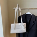 Chic cream white glossy PU shoulder bag with lace bow detail and dual straps - No Pendant / White