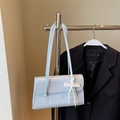Light blue patent leather shoulder bag with a white lace bow detail for women - No Pendant / Blue