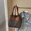 Dark grey canvas tote bag with brown faux leather handles and dual zipper details - Dark Tea Brown (No Charm)