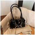 Chic black glossy pillow handbag with gold chain, pearl charms and metal rivets - Black with Pendant