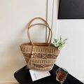Borsa tote in paglia intrecciata marrone chiaro con nappa di perline e fodera interna - Cachi