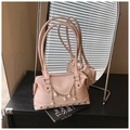 Pink glossy patent leather pillow handbag with pearls, silver chains and rivets decoration - Pink with Pendant