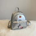 Mini silver faux leather backpack with cherry charms and lace details for women - Silver