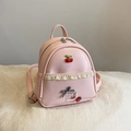 Pink mini PU leather backpack for women with cute cherry charms and lace trim details - Pink