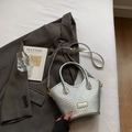 Silver woven texture handbag with metallic finish and adjustable crossbody strap - No Pendant / Silver