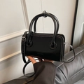 Minimalist black patent leather rectangular tote bag with dual handles and silver hardware - Black without Pendant