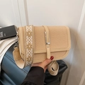 Vintage beige woven crossbody bag with geometric jacquard wide strap and metal buckle - Khaki