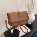 Retro brown contrast small square bag with woven texture and leather trim finish - Brown