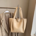 Minimalist beige leather tote bag with large capacity and front pocket for women - Khaki