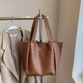 Brown large capacity tote bag in matte leather texture with front pocket and long straps - Light Brown