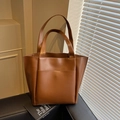 Brown minimalist PU leather tote bag with long double handles and front pocket - Brown