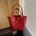 Minimalist deep red leather tote bag with front pocket and large capacity for daily use - Burgundy
