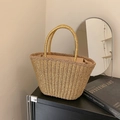 Metallic gold woven tote bag with dual handles and beige fabric lining for women - Gold