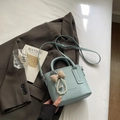Light blue lychee leather mini bucket bag with checkered bow and pearl heart charm - Blue with Charm