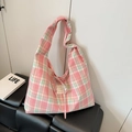 Borsa tote in tela a quadri rosa e verdi con fiocco e etichetta in tessuto - Quadri Rosa