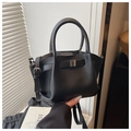 Fashionable black litchi pattern bucket bag with metal buckle and shoulder strap - Black