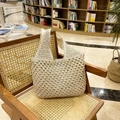 Beige hollow crochet straw shoulder bag with woven strap and lining for summer beach - Uniform Dense Weave Style (SLT-2677) / Off White