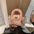 Pink quilted patent leather handbag with pearl bow and lace detail for elegant style - With Charm / Pink