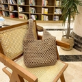 Handcrafted khaki straw beach tote bag with mesh hollow weave on a vintage chair - Uniform Dense Weave Style (SLT-2677) / Khaki