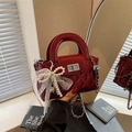Red quilted patent leather handbag with pearl bow and silver chain shoulder strap - With Charm / Red