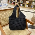 Large black woven straw tote bag with crochet mesh design for summer beach holidays - Uniform Dense Weave Style (SLT-2677) / Black